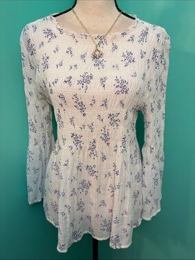 Adiva White peasant Blouse with Blue Floral Print